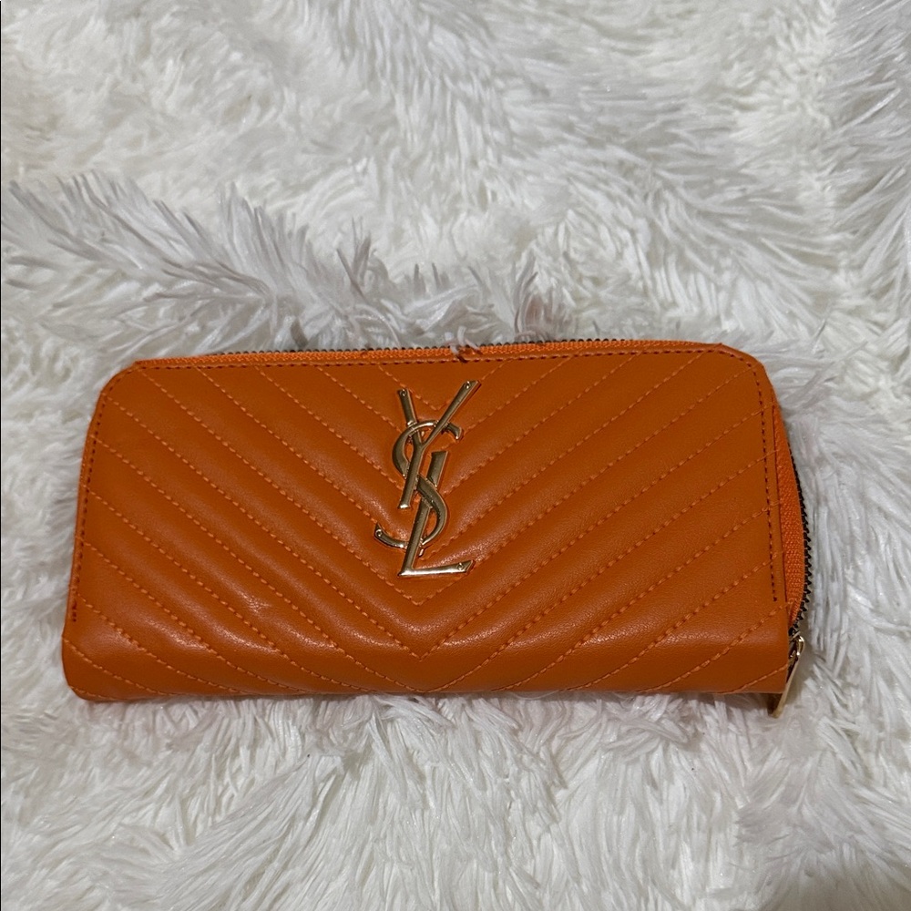 Orange Quilted Zip-Around Wallet with Gold Monogram